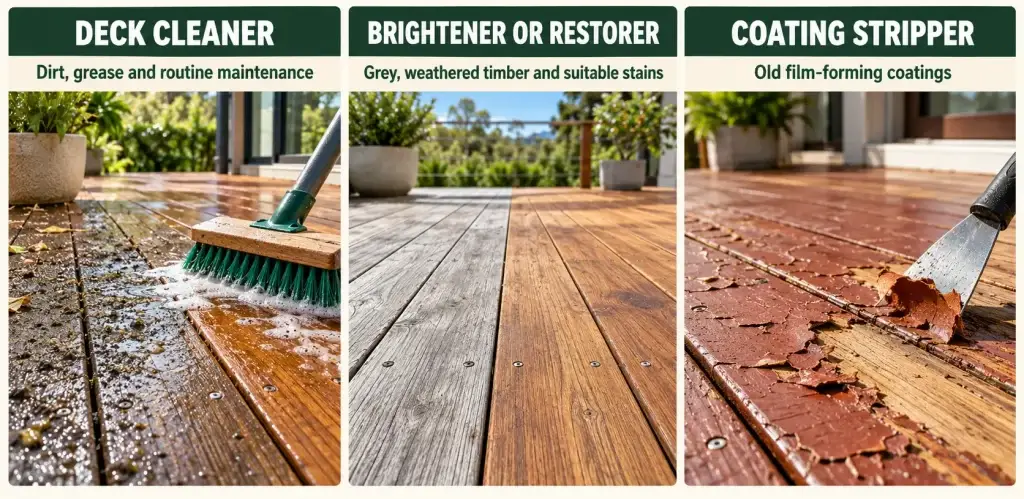 Deck cleaner, timber brightener and coating stripper compared by surface condition.