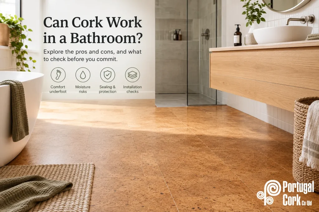 Natural cork floor tiles adding warmth and texture to a modern bathroom