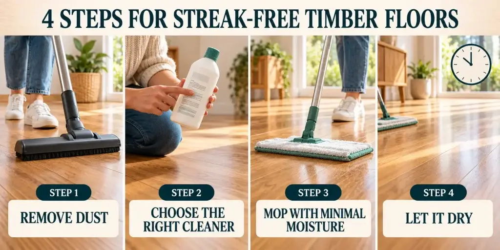 Four steps for streak-free timber floors: remove dust, choose the right cleaner, mop with minimal moisture and let the floor dry.