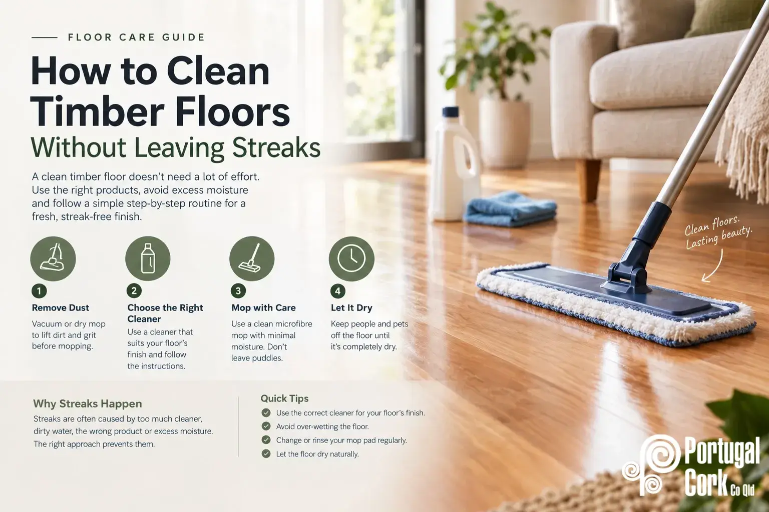 How to clean timber floors without streaks, four-step floor care routine.