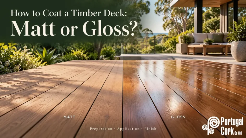 Side-by-side comparison of matt and gloss finishes on a timber deck