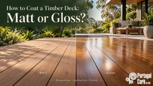 Side-by-side comparison of matt and gloss finishes on a timber deck