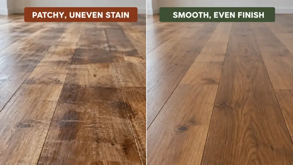 Patchy timber floor staining compared with an evenly stained floor
