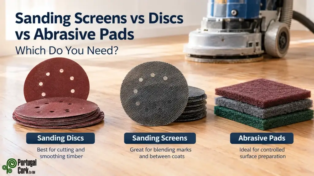 Sanding discs, mesh sanding screens and abrasive pads displayed on a timber floor beside a floor sanding machine.